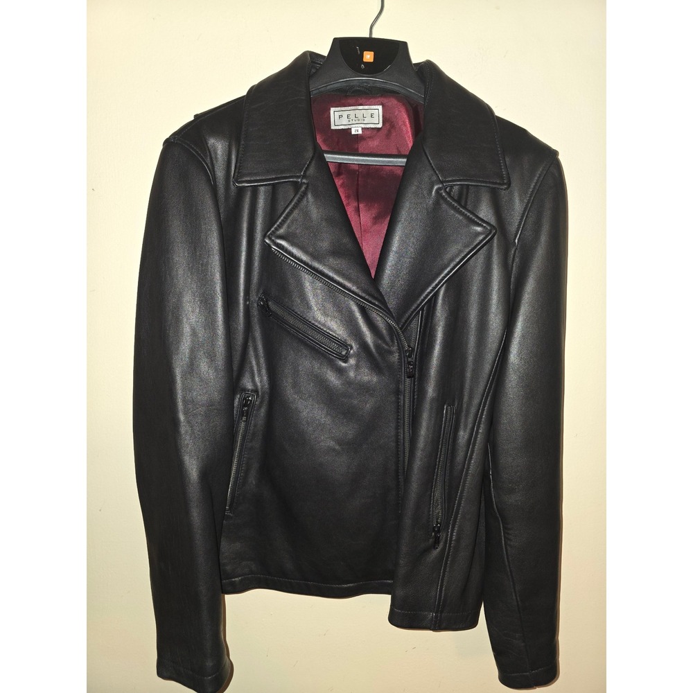 Pelle Studio Womens Black Leather Moto Jacket Asymmetrical Zip Burgundy Lining2X